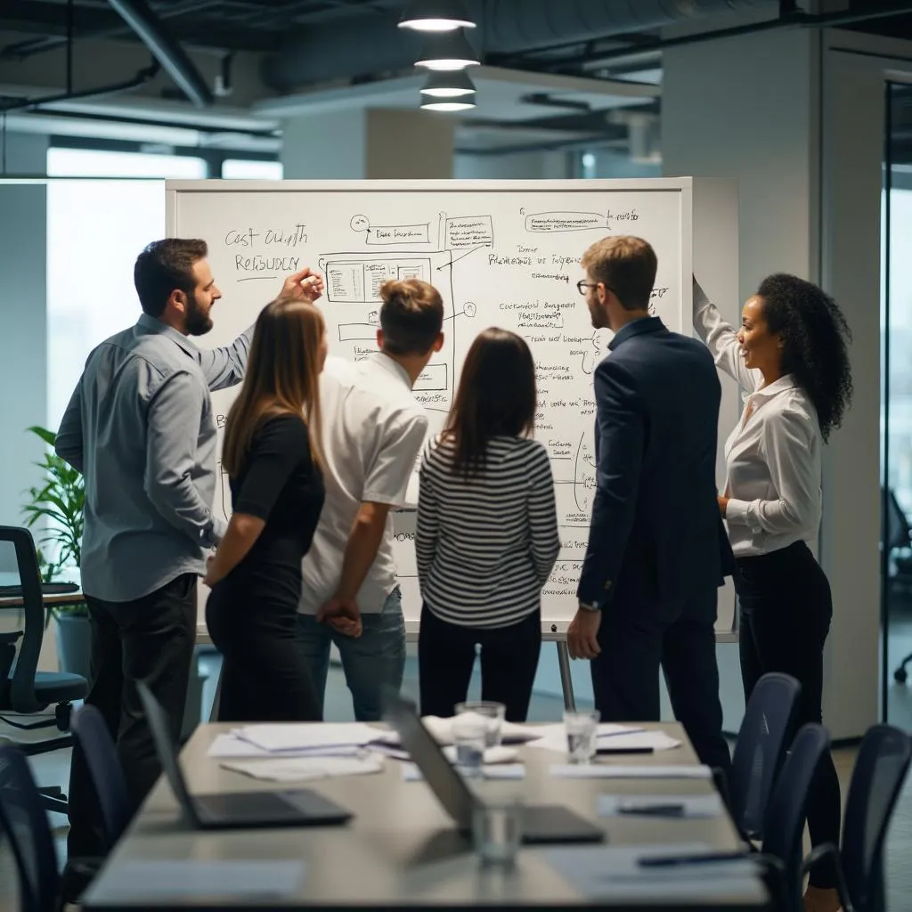 Equipo colaborando en estrategia